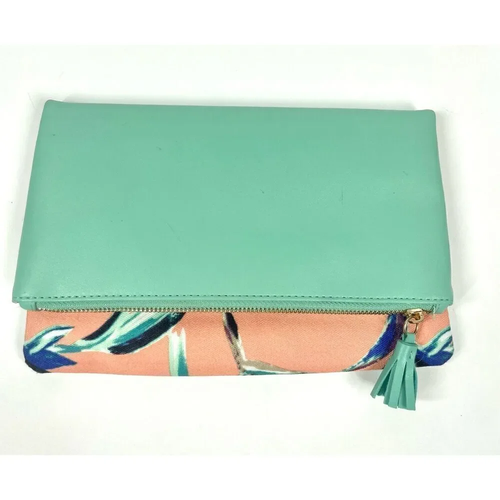 Rachel Pally Tropical Floral Coral Mint Reversible  Foldover Canvas Clutch
